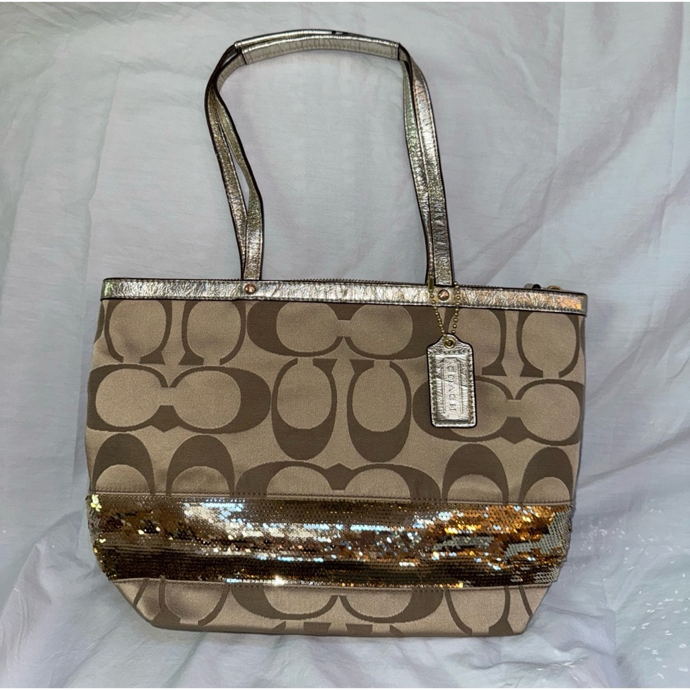 2011 Coach Gallery Signature Stripe Sequin Tote Bag Tan and Gold H1120-F17574